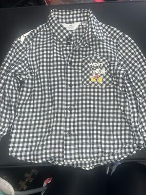 H&M Kids Black & White Gingham Mickey Pocket Button-Down Shirt